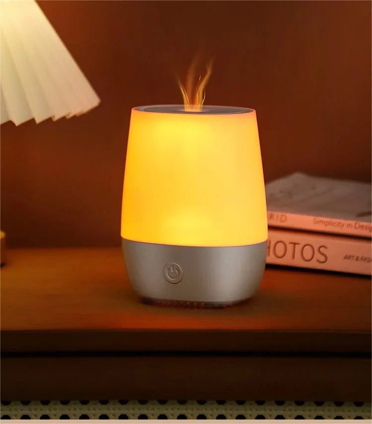 White USB aromatherapy humidifier with simulation flame effect, 138mm x 110mm x 76mm size