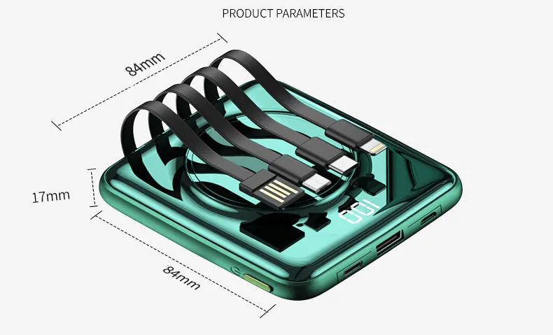 20000mAh portable power bank with LCD display showing battery percentage, available in black, green, and red colours
