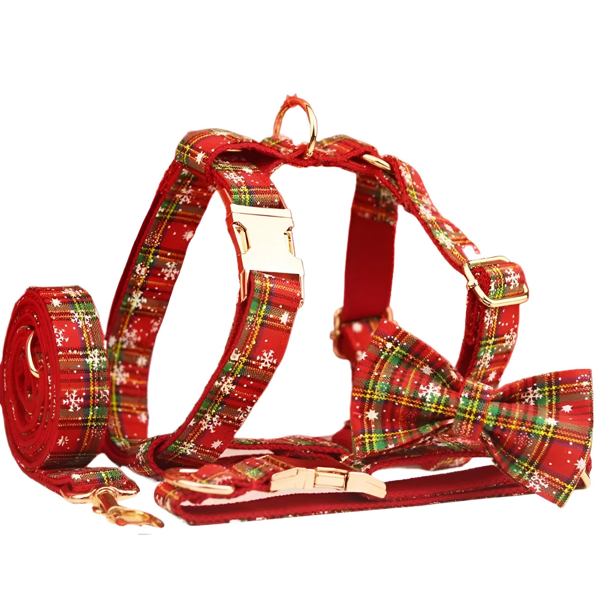 Red Christmas dog collar and leash set with snowflake patterns, plaid leash, vest, and bow tie
