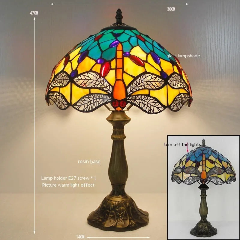 Tiffany dragonfly stone table lamp in blue or green, European-style design with 7W LED bulb for bedroom or living room