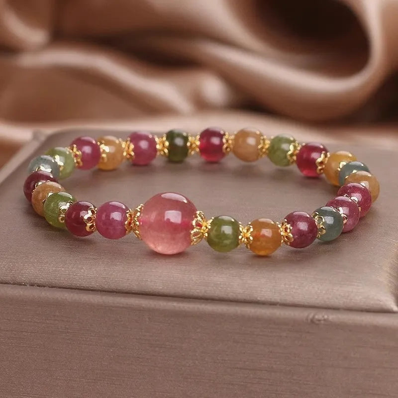 Colourful tourmaline strawberry quartz women's bracelet with 6mm round beads