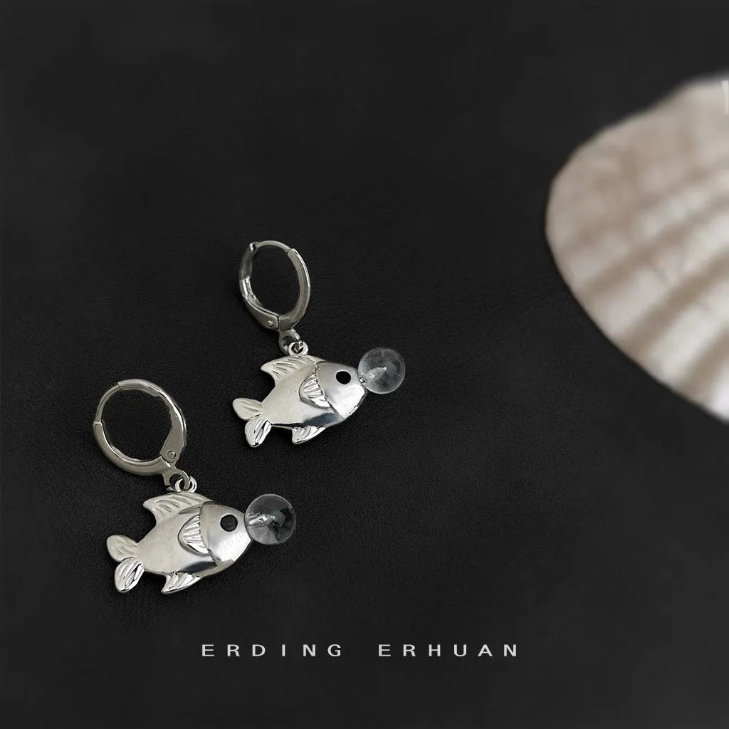 Gold-coloured bubble fish design copper earrings with animal modelling detail