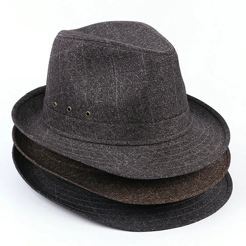 Structured fedora hat for men in thickened suit material, shown in classic colour options