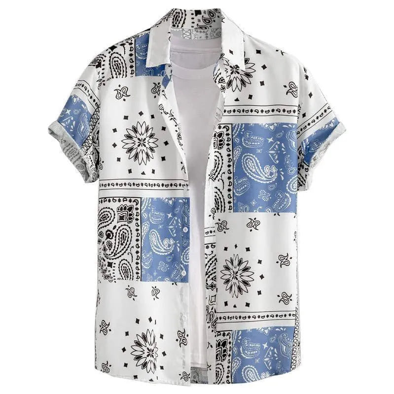 Men's slim fit Hawaiian shirt with digital print pattern in elastic polyester fabric.