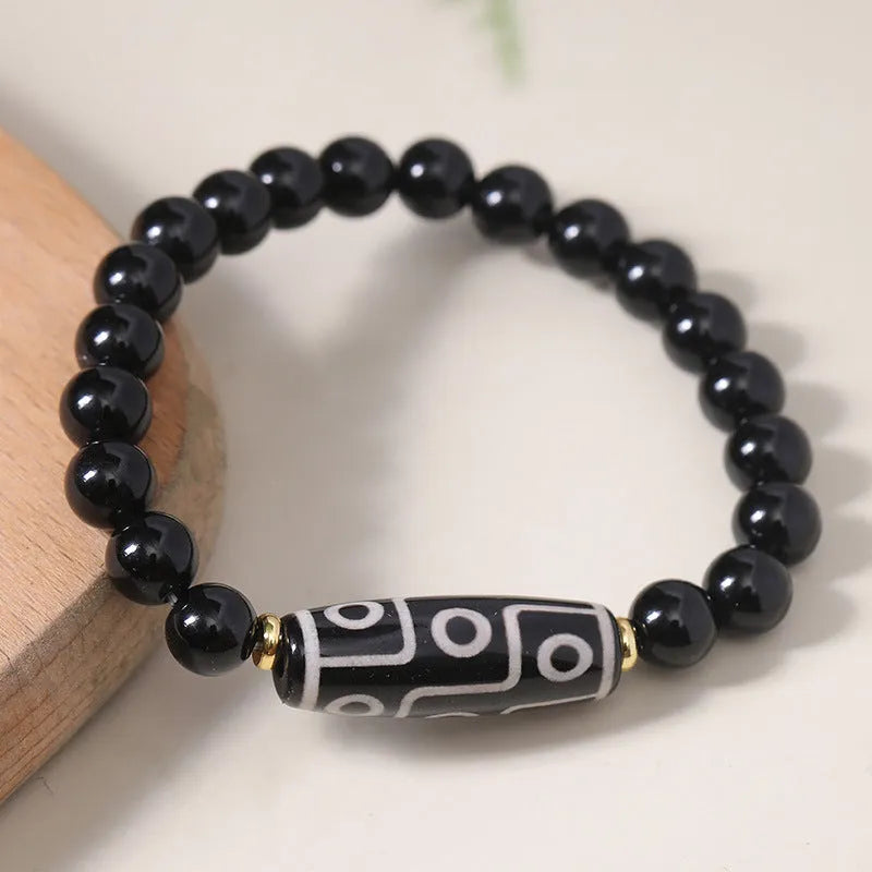 Obsidian agate Dzi bead bracelet with Tibetan ethnic patterns, unisex couple-style design