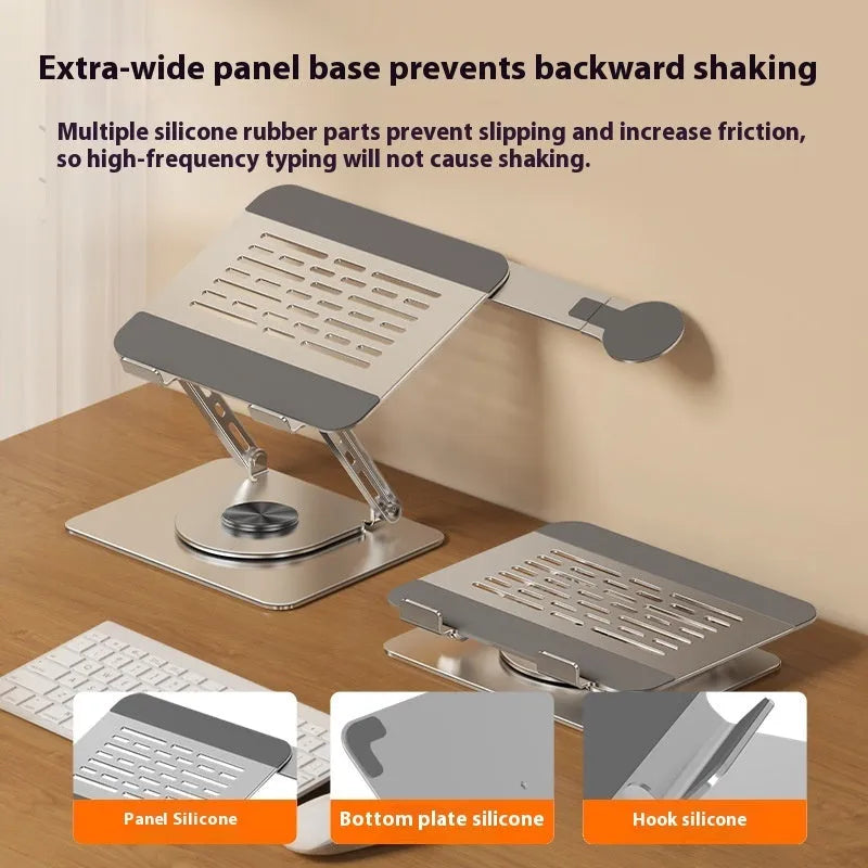 Silver carbon steel laptop stand with rotating magnetic phone holder supporting dual devices