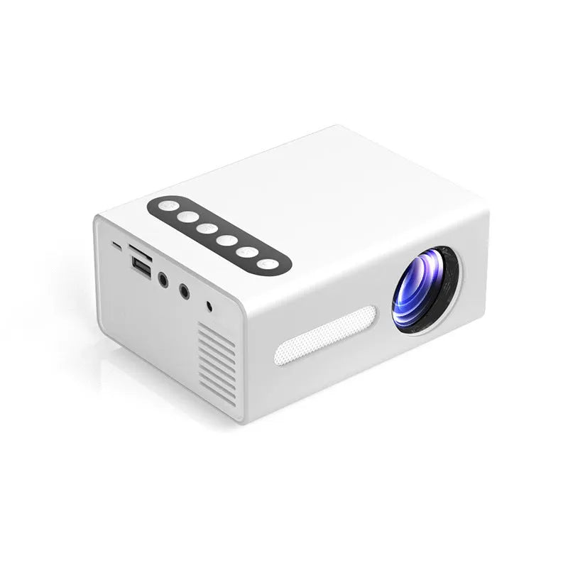 Mini LED projector with HDMI USB AV ports, 320x240 resolution, 25 ANSI lumens, black blue yellow colours