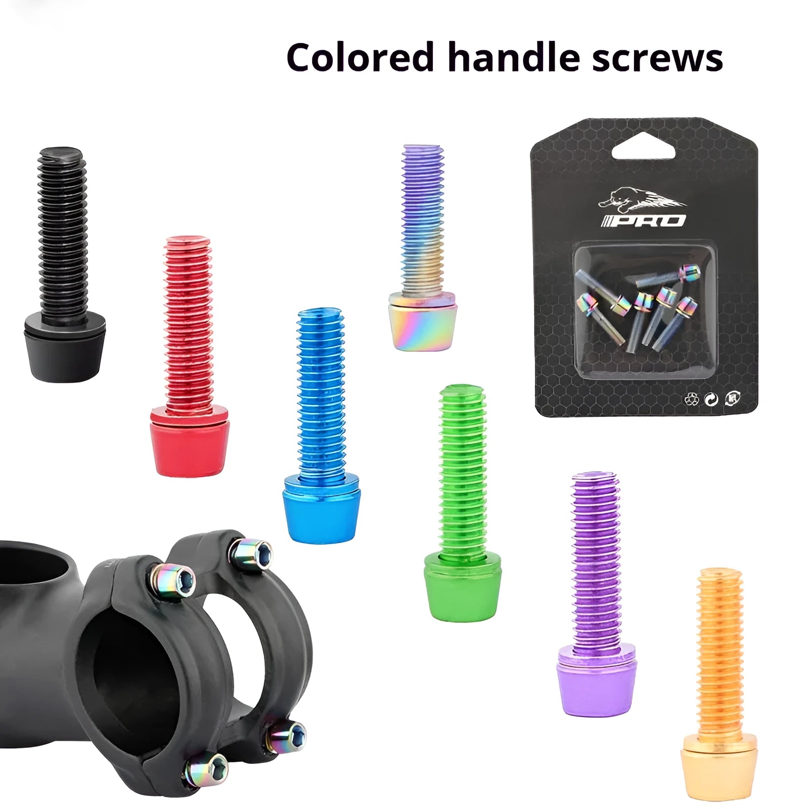 Six stainless steel mountain bike riser screws in various colours on card packaging