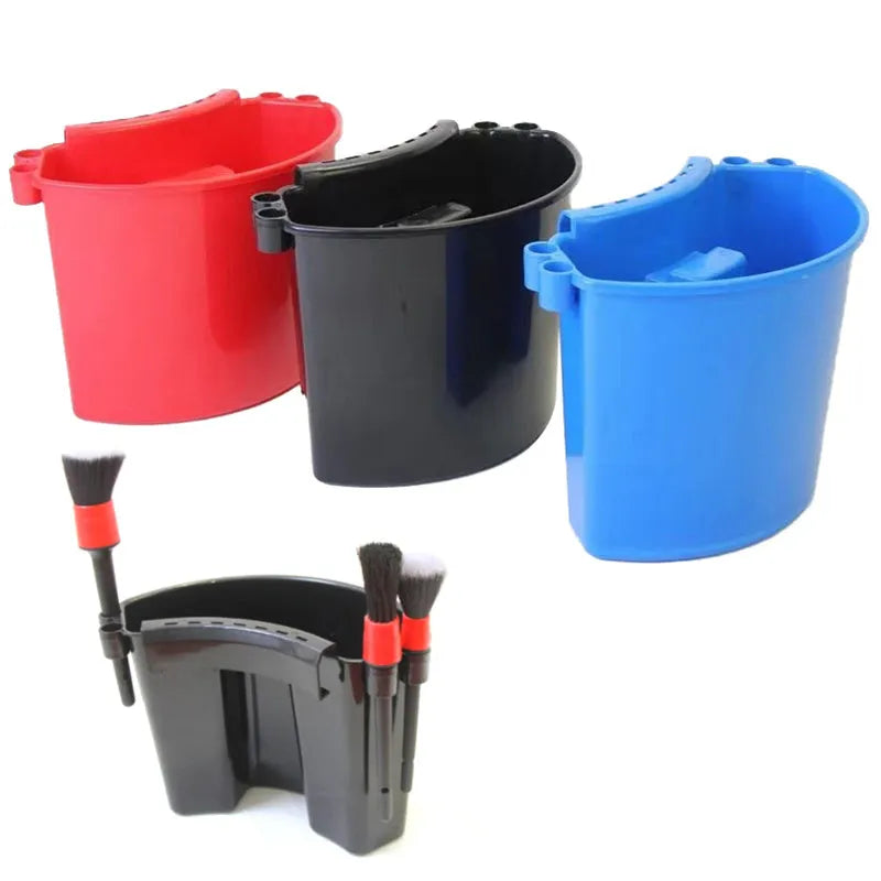 Car washing bucket with grit guard in black, red, blue, or pink, showing 20-litre capacity and sturdy handle