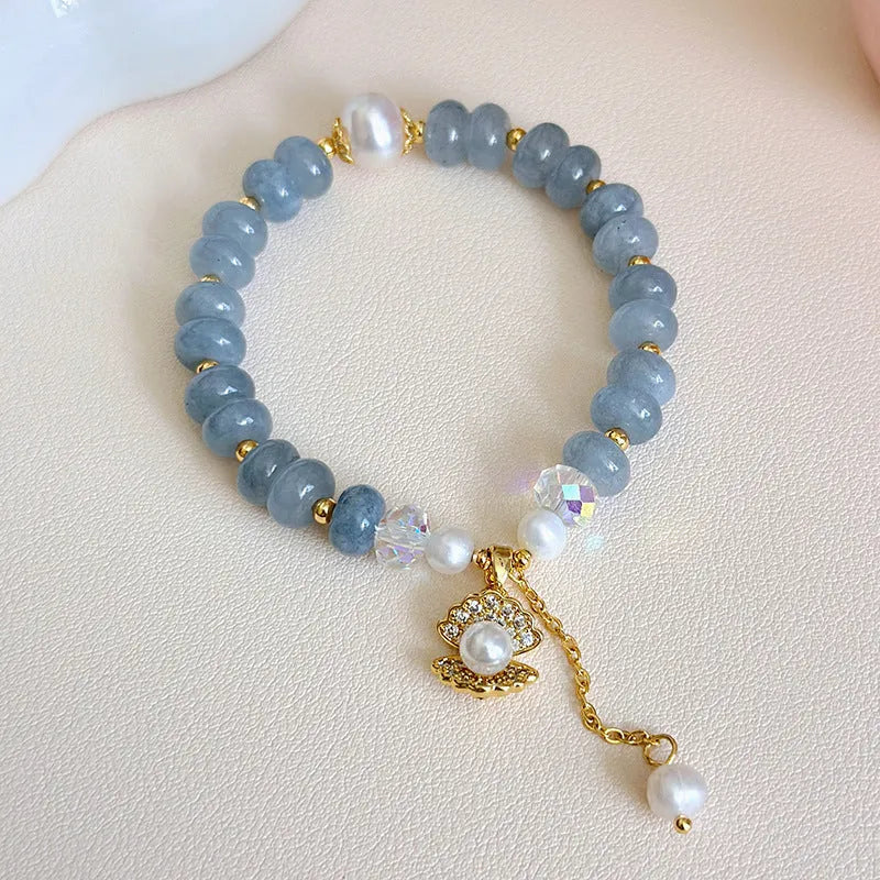 Natural aquamarine pearl shell bracelet with adjustable design and manual craftsmanship