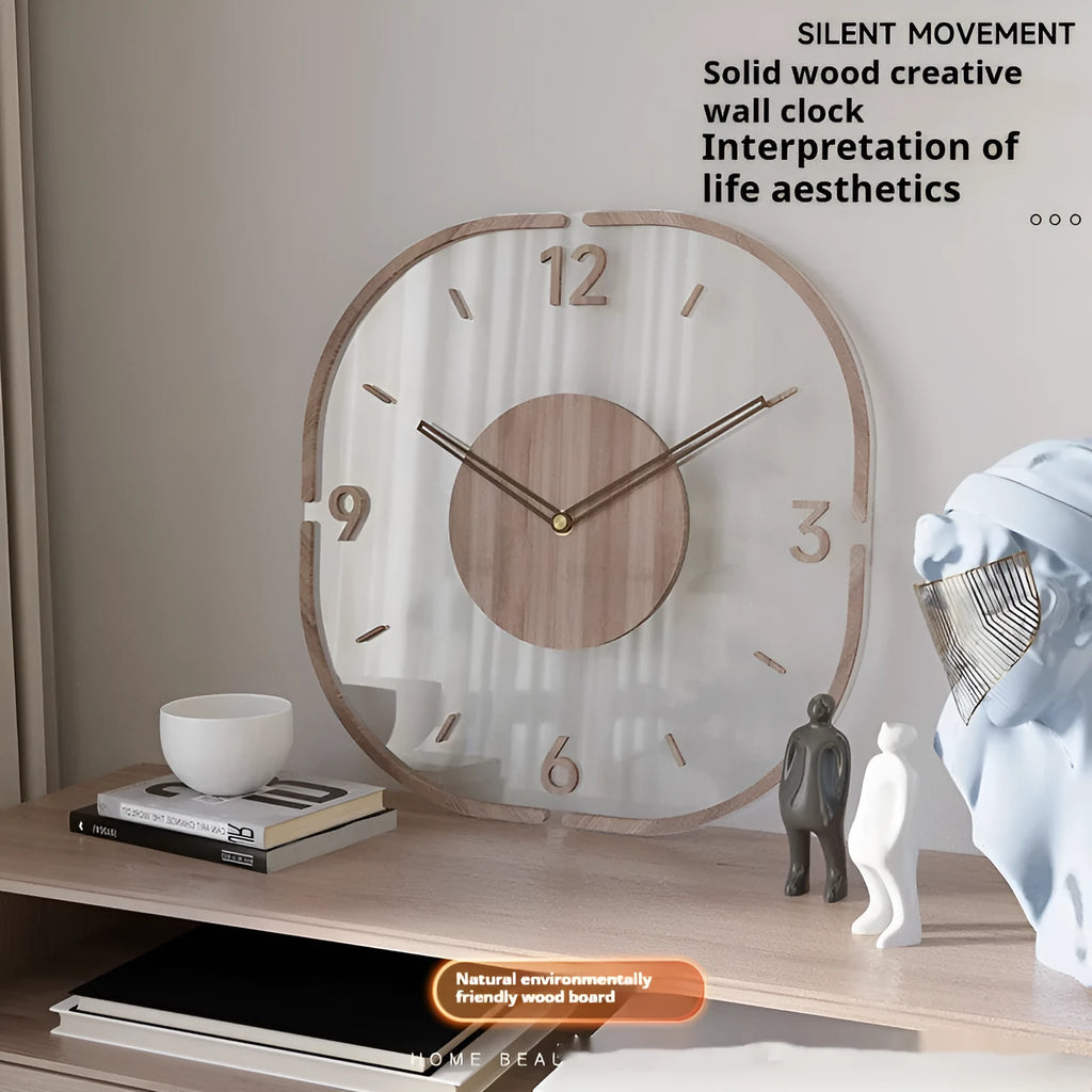 Modern square wooden wall clock with transparent frame on a wall.