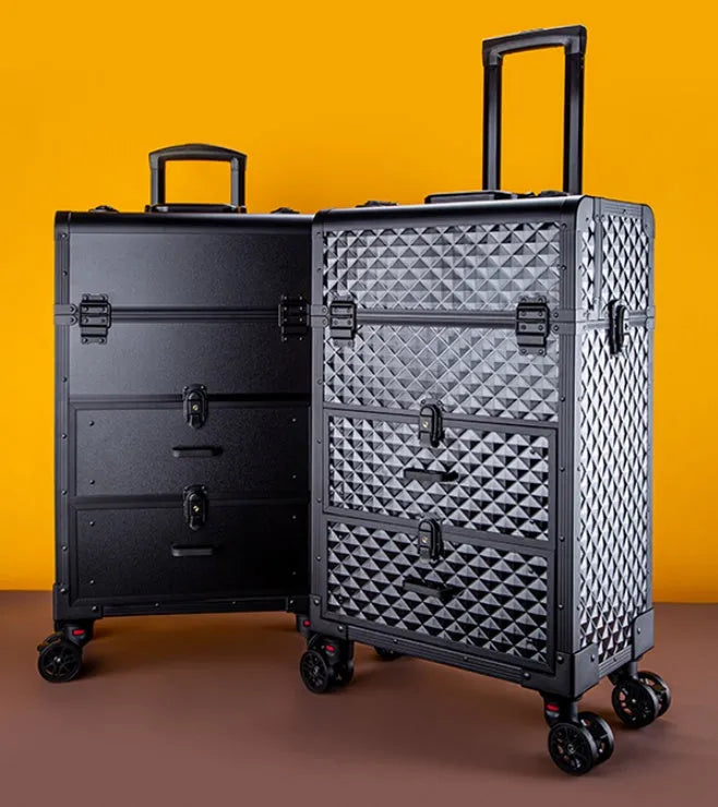Water Cube Black rolling makeup storage box, aluminum wheeled beauty artist suitcase and barber toolbox, 70 x 46 x 31.5 cm