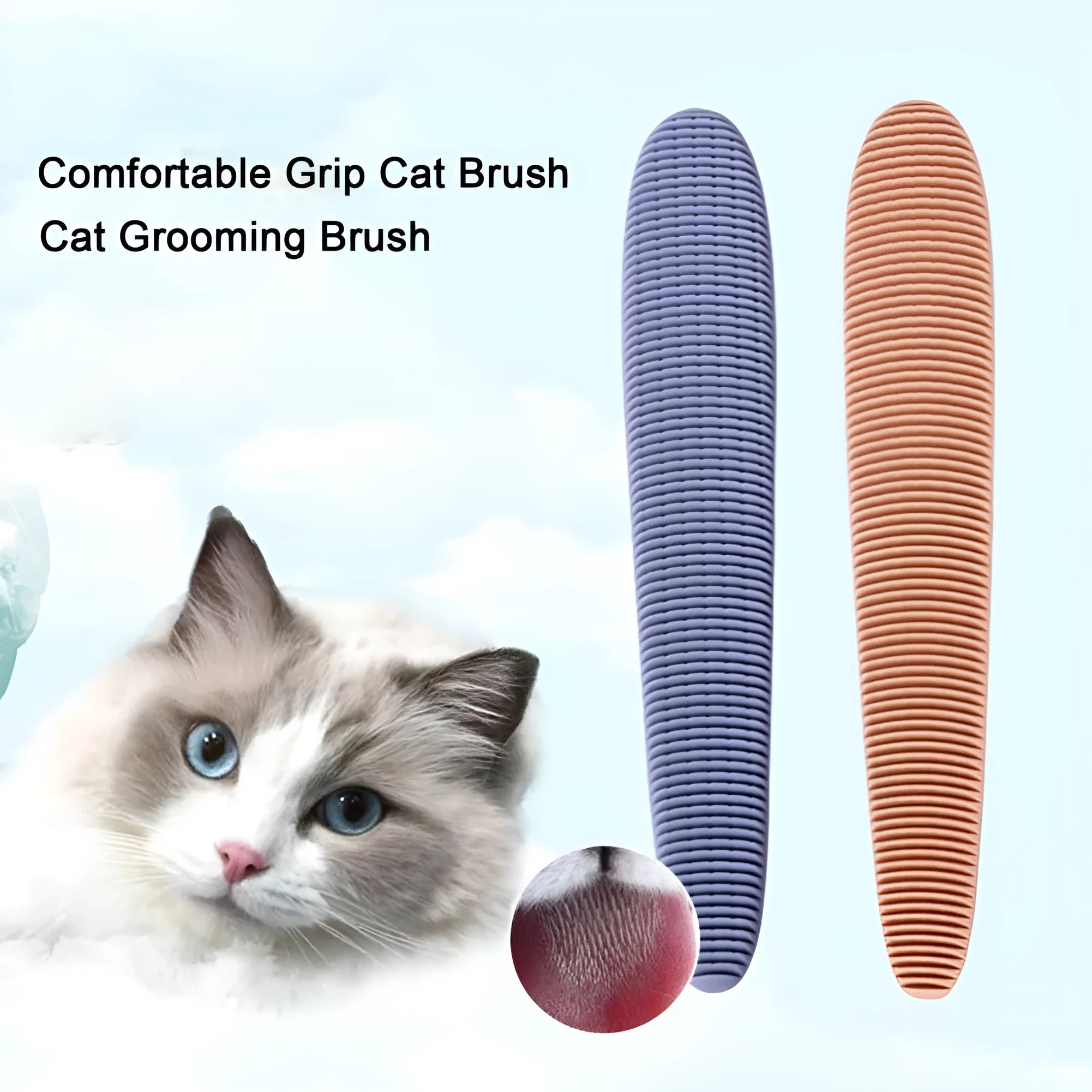 Grey and pink ABS cat grooming comb with tongue massager design and dual-width ends for pet hair removal