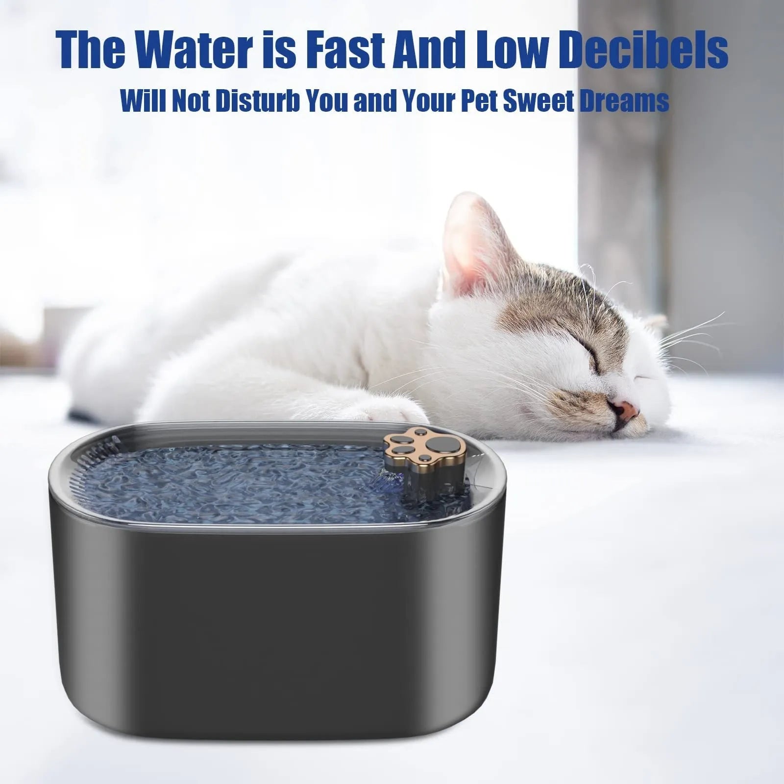 Berlin blue automatic cat water fountain with filter, LED light, and 3L capacity on a kitchen floor.