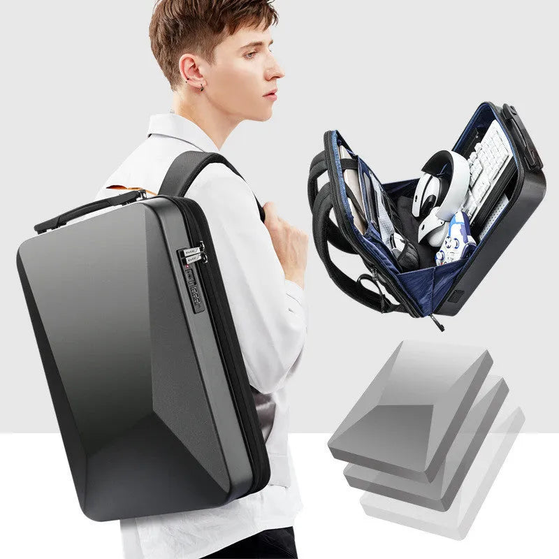 Men's hard-shell lockable gaming backpack in black or silver with frosted finish and multiple internal pockets