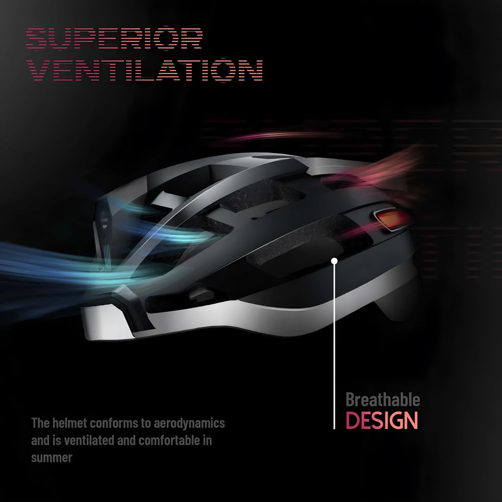 Black and grey smart cycling helmet with integrated warning lights and Bluetooth functionality