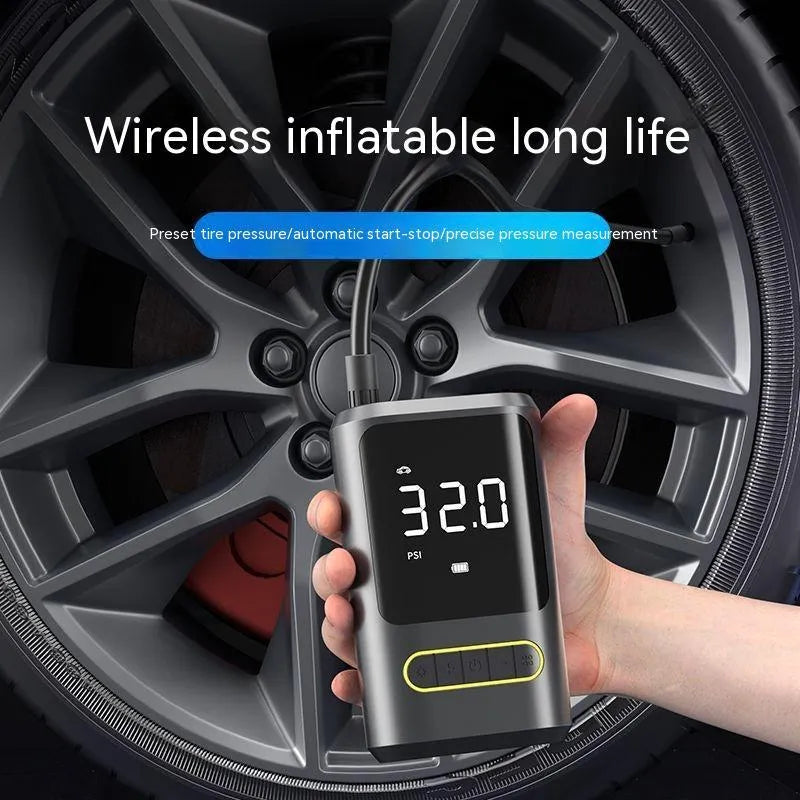 Handheld wireless air pump with digital display showing pressure reading, measuring 49x87x137mm with LED light illuminated