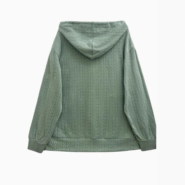 Green hooded zipper coat with loose fit, long sleeves, and full-length front zip for autumn winter wear