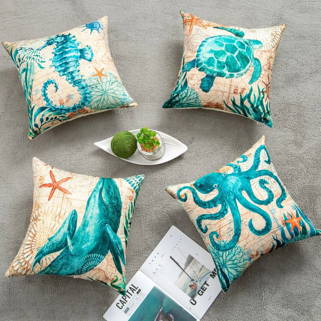 Linen cushion cover with printed sea turtle design, showing invisible zipper and 45x45cm size.
