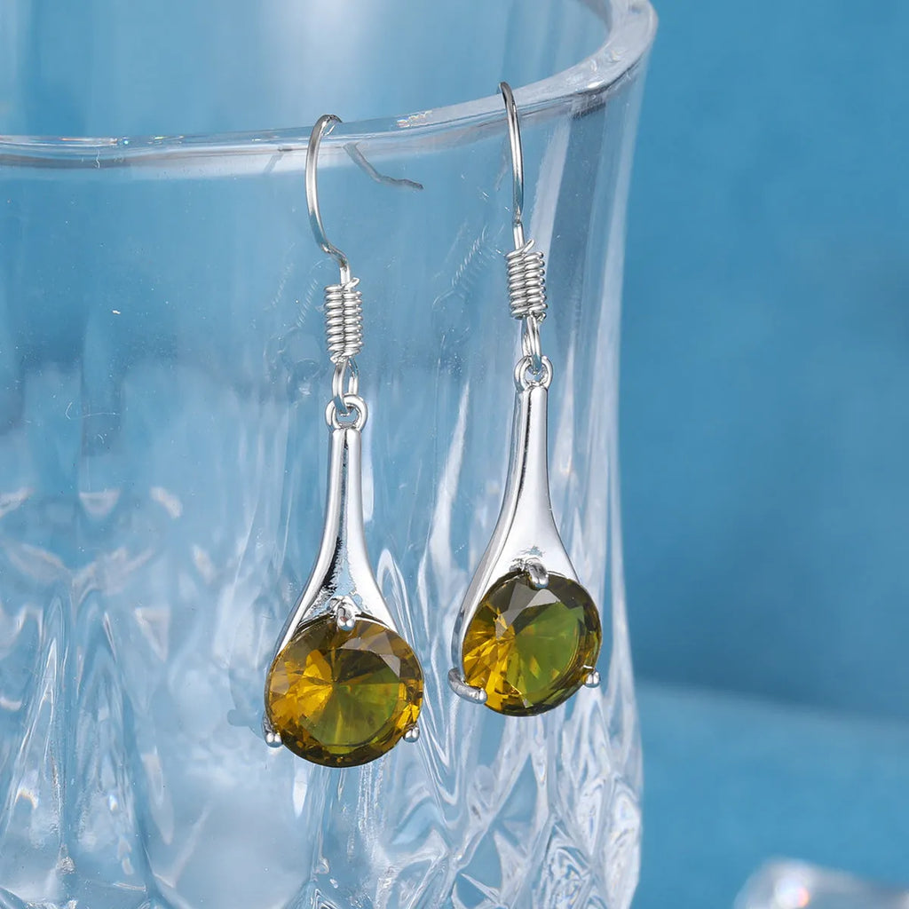 Olive green topaz earrings with water drop shape measuring 2-3cm, electroplated alloy construction