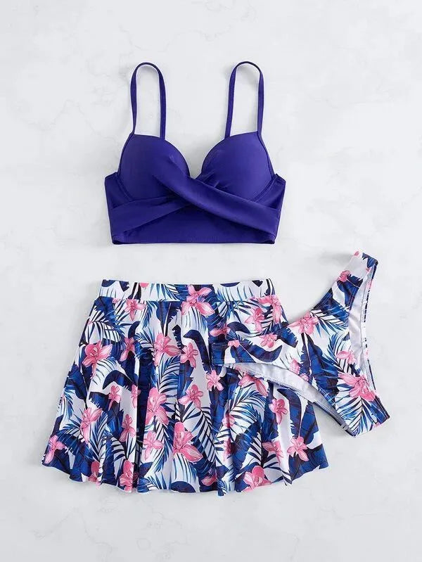 Women's three-piece high-waisted bikini swimsuit set in polyester fabric