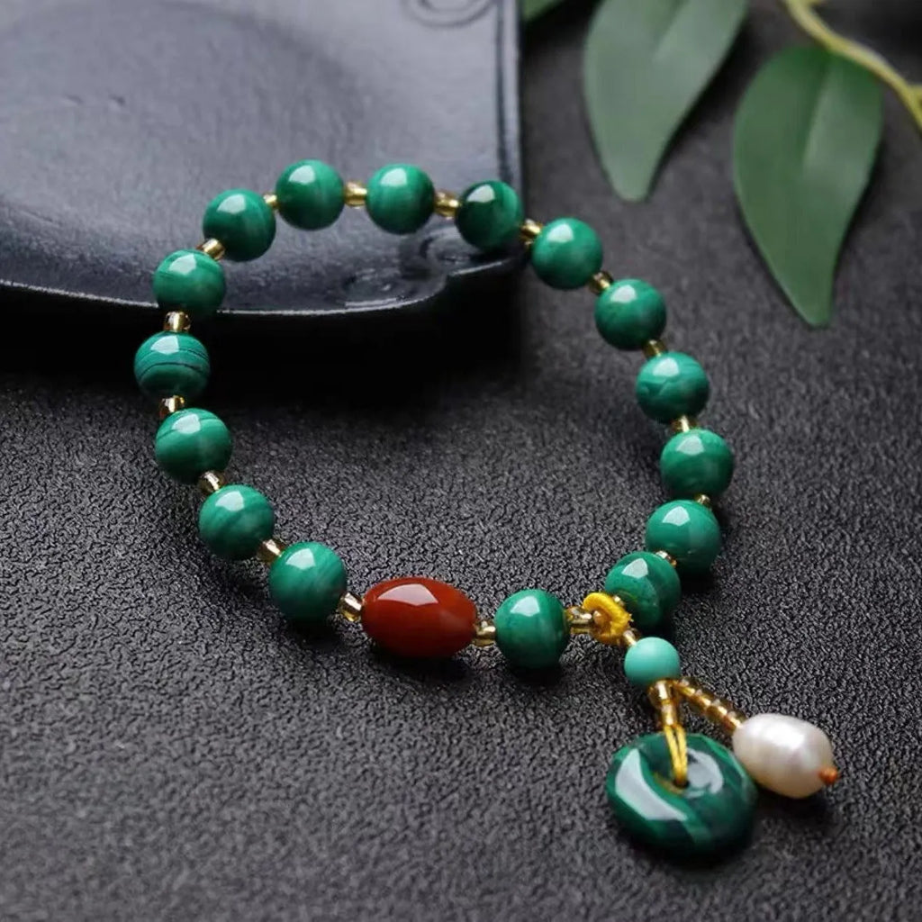 Natural malachite and red agate barrel bead bracelet with approximately 7-8mm beads