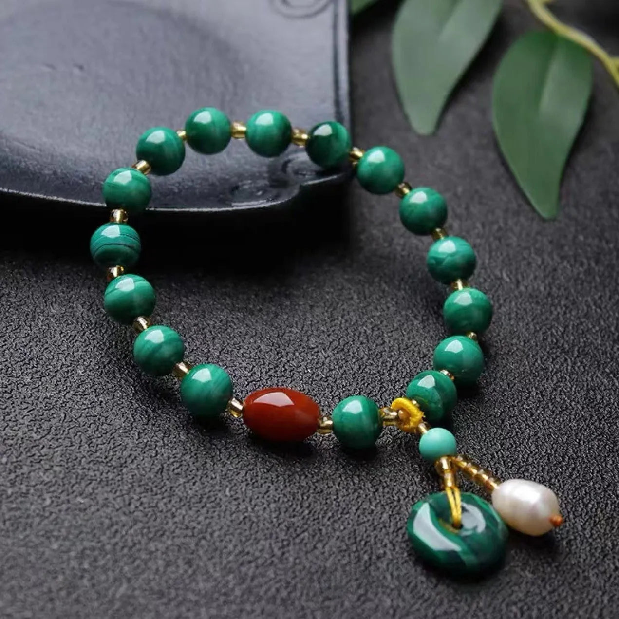 Natural malachite and red agate barrel bead bracelet with approximately 7-8mm beads