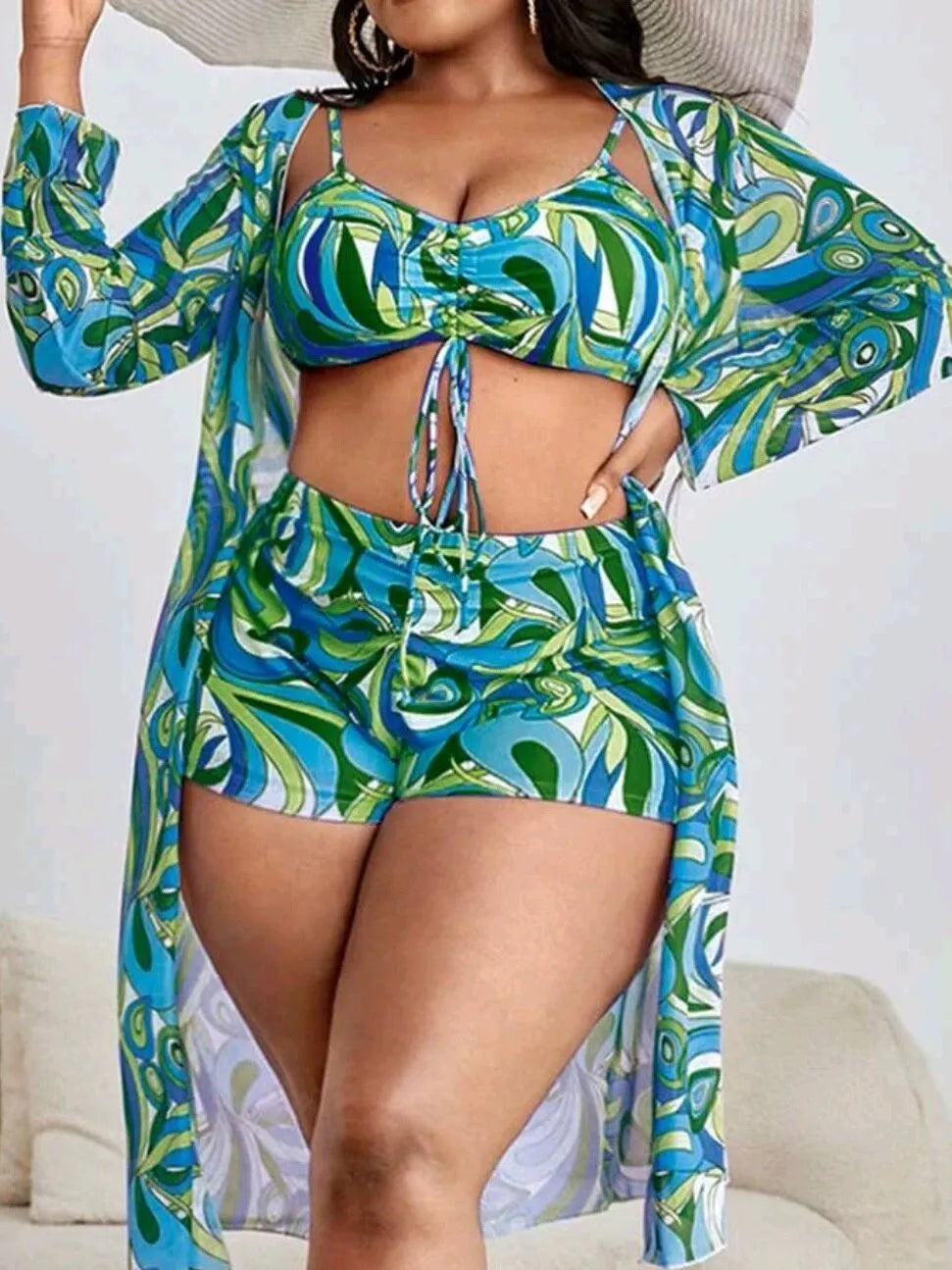 Women's floral print swimsuit bikini three-piece set with matching cardigan in larger sizes