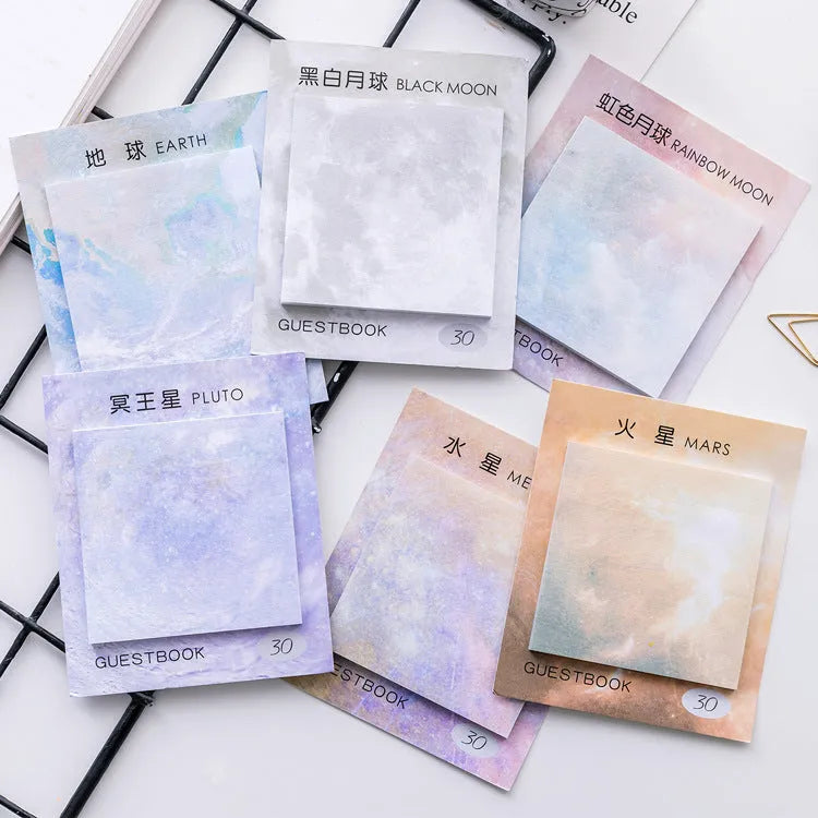 Square 7.3cm planet sticky notes pad with 30 sheets showing oil painting designs of Earth, Mars, and other planets