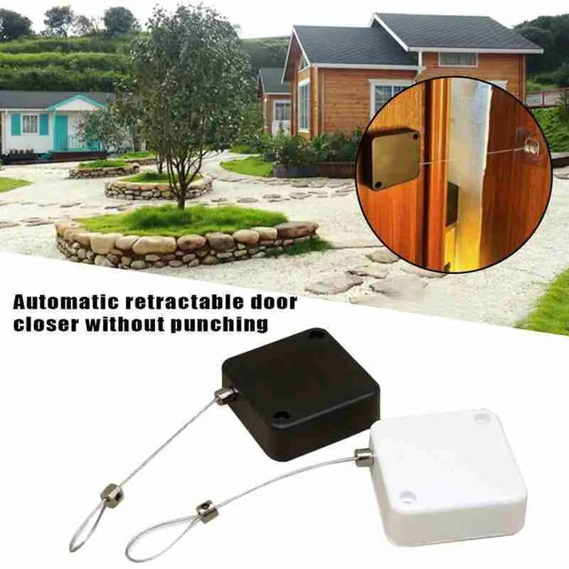 White automatic door closer tension box with adhesive backing and transparent hook for punch-free installation.