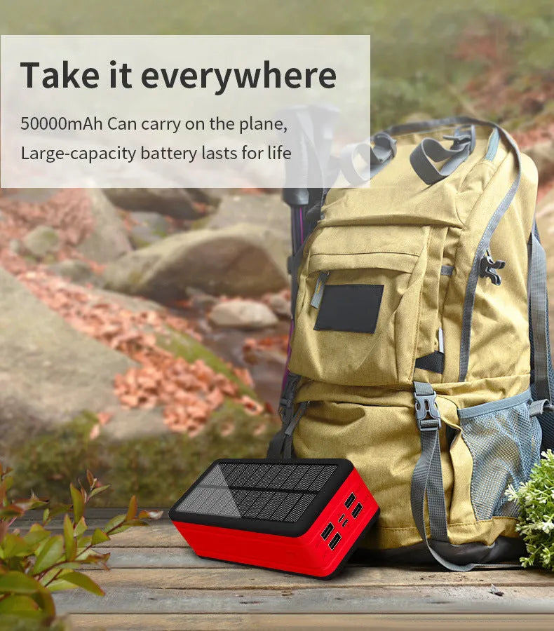 Solar wireless power bank in black with orange accents, showing solar panel and dimensions.