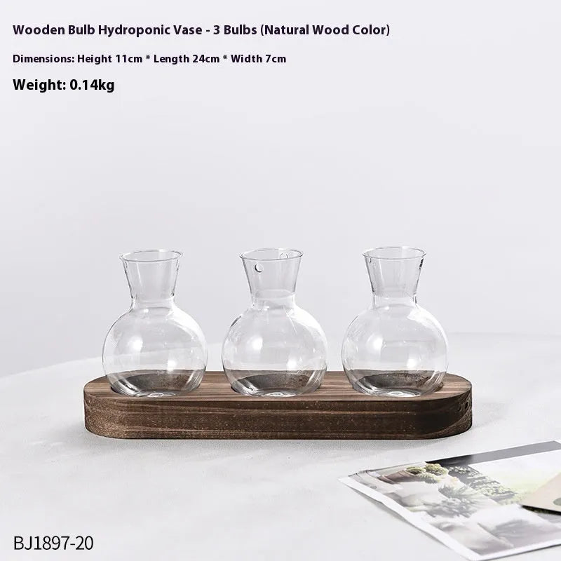 Wooden frame holding transparent PET hydroponic vases in wood colour, arranged neatly for plant display