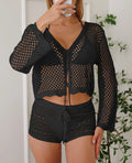 Women's hollow woven cardigan blouse with bell sleeves in apricot colour showing texture detail