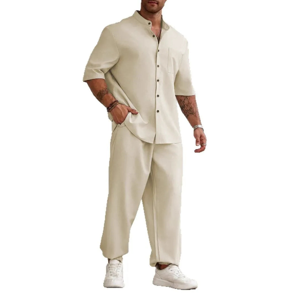 Men's apricot coloured cotton linen casual short-sleeved shirt and matching trousers laid flat.
