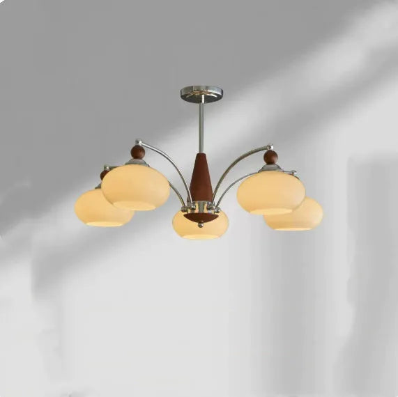 Persimmon glass chandelier with chrome and white lampshades in a middle ancient style