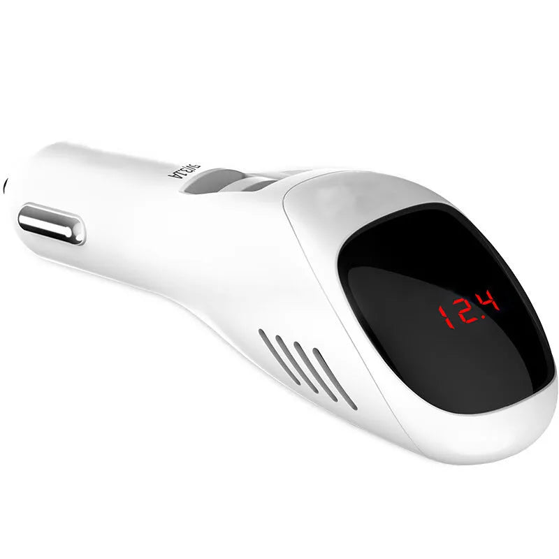 White car USB charger and negative ion air purifier unit with compact design.