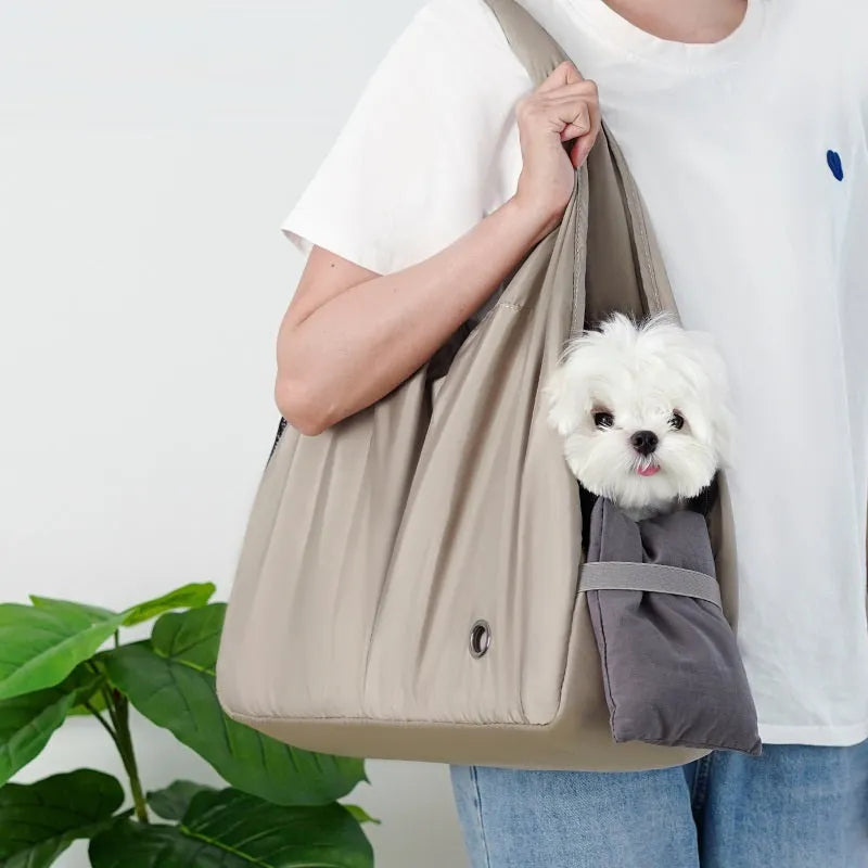Apricot cloth pet handbag with dimensions 41x16x28cm showing adjustable straps and breathable fabric construction