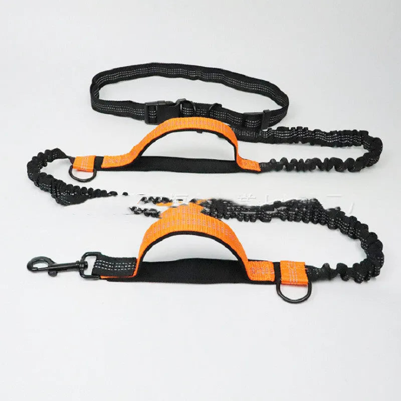 Multifunctional pet traction rope leash in fluorescent green colour with adjustable waist belt and retractable running belt components