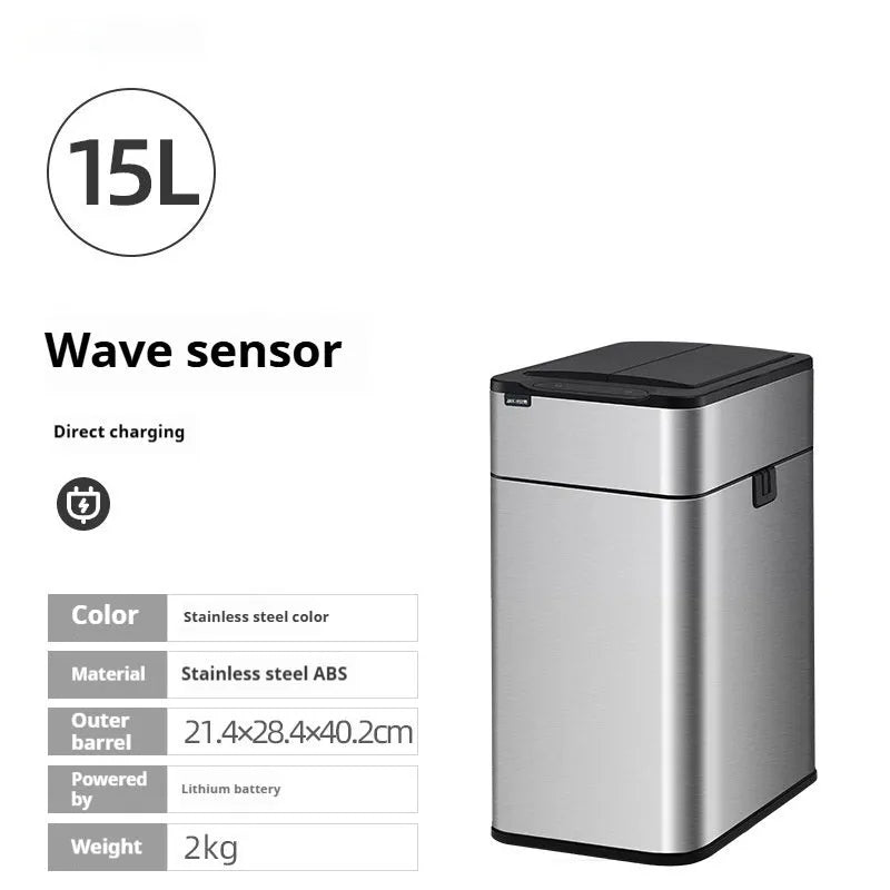 Inductive smart trash can in stainless steel with square bucket design and deodorant function