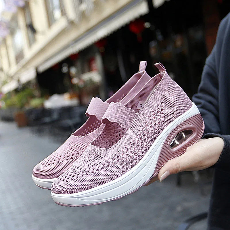 Women's slip-on mesh casual shoes in black, beige, or pink with round toe and low heel design