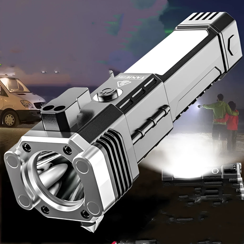 Silver portable power bank flashlight with LED light and IP44 rating for outdoor use.