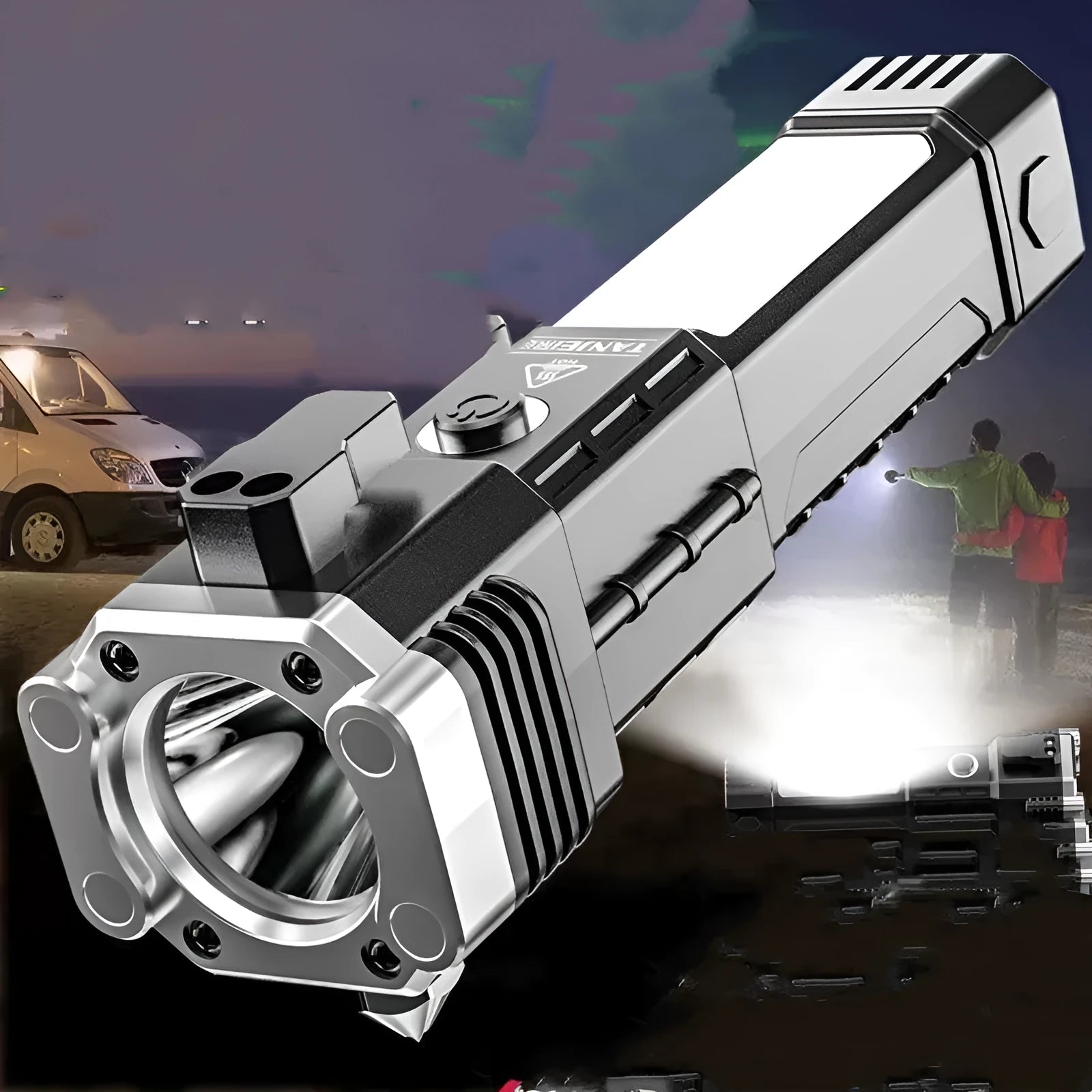Silver portable power bank flashlight with LED light and IP44 rating for outdoor use.