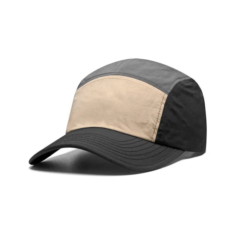 Men's khaki baseball cap with curved brim and five-piece construction, made from cotton-polyester blend fabric