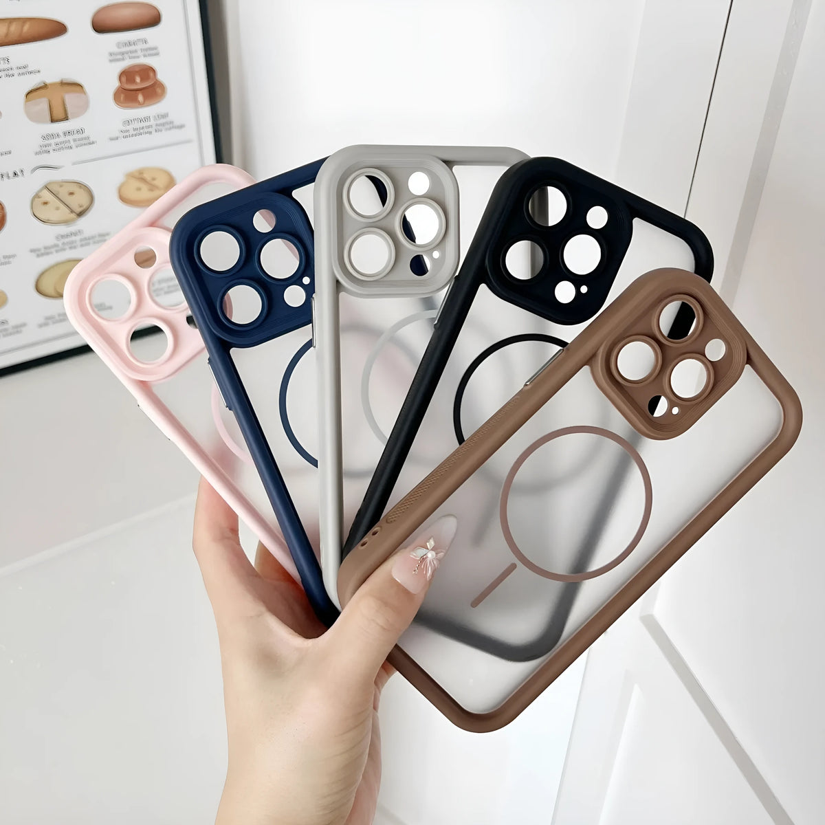 Magnetic skin-feel phone case for iPhone in black, blue, grey, khaki, or pink with TPU PC shockproof cover