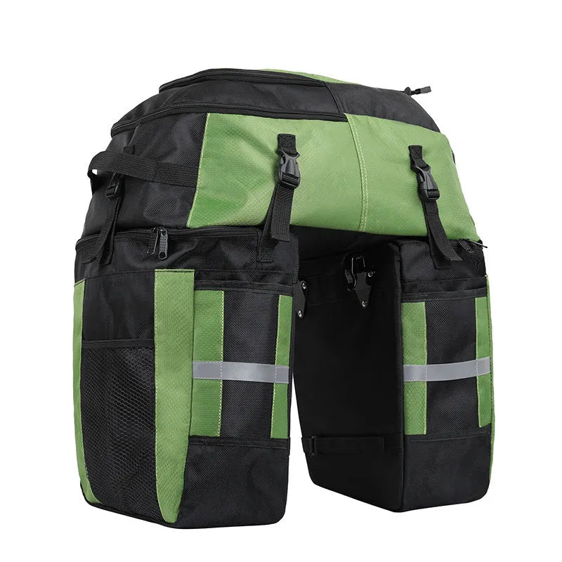 Rhinoceros brand 70-litre capacity bicycle rear frame storage bag in blue, mounted on a bike for touring.
