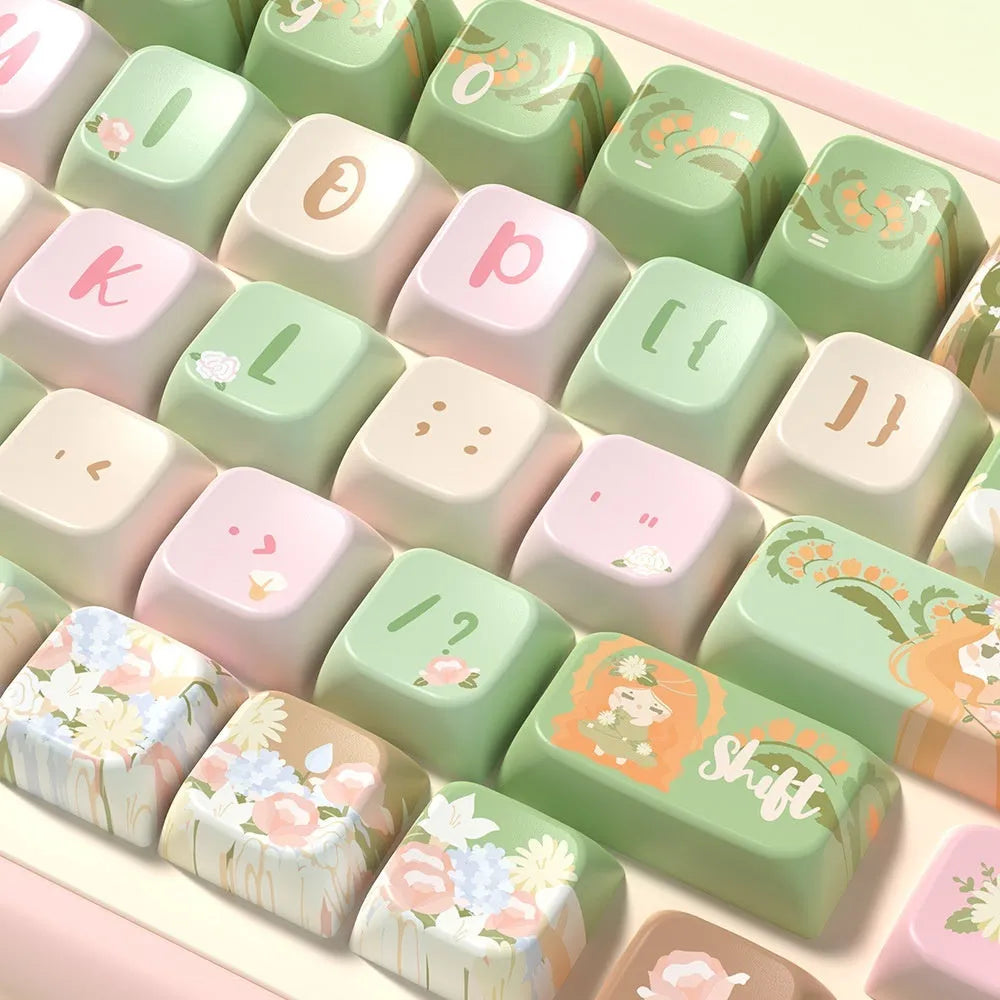 Mu Xia Garden Original Key Cap set in Summer Garden colour with sublimated custom graphics, showing 138-key and 158-key options