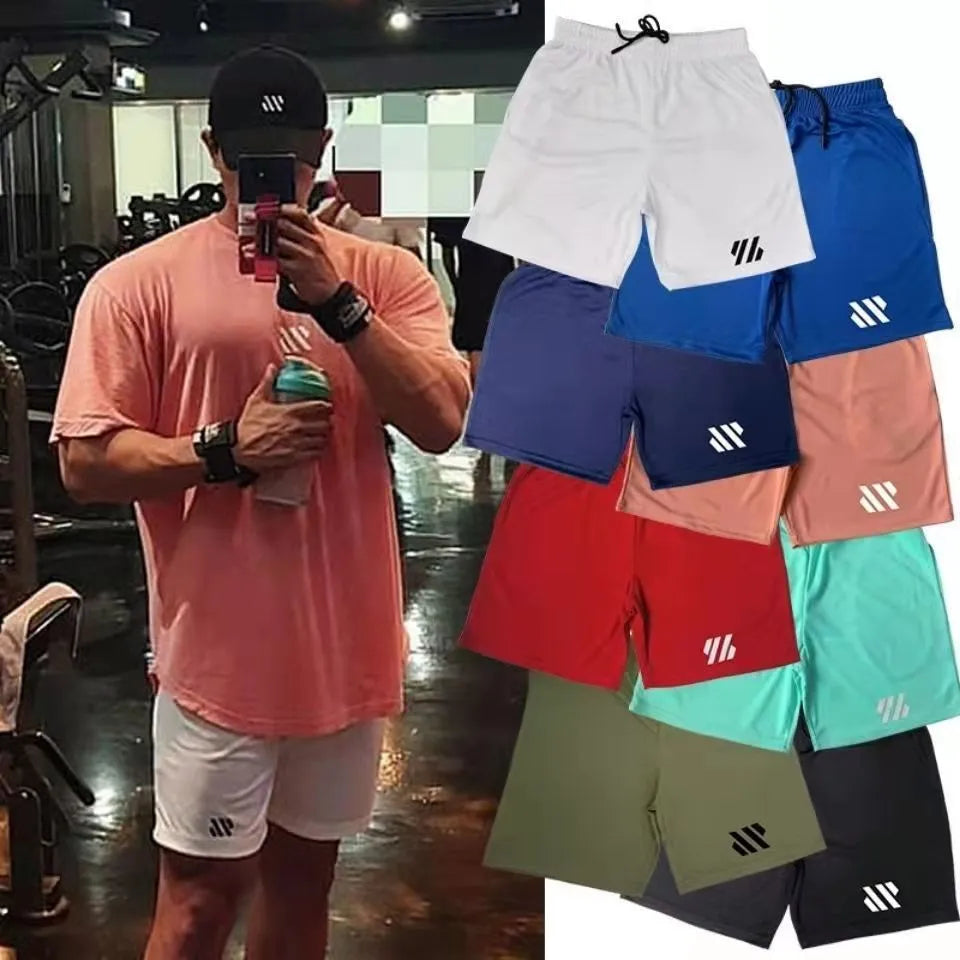 Metal silk fabric sports shorts in loose fit, available in colours like army green and sapphire blue for summer sports