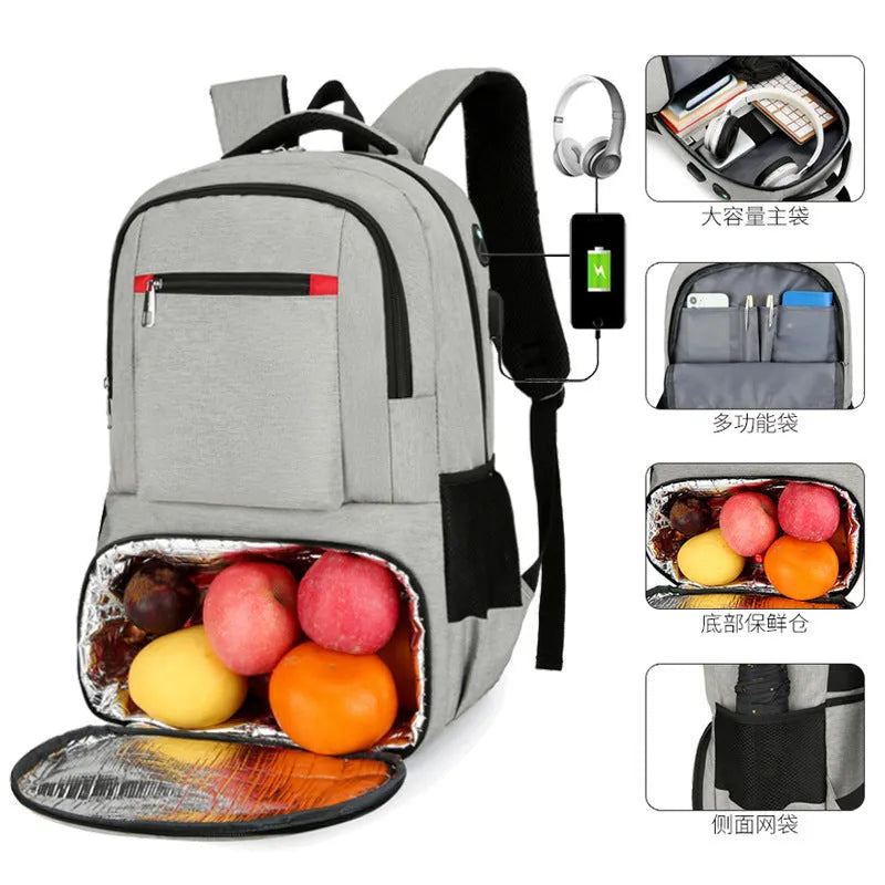 Light grey Oxford cloth backpack with curved shoulder straps showing sewing line details and dry-wet separation compartments
