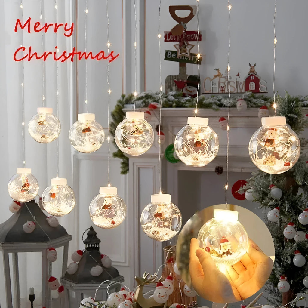 10-piece LED Christmas curtain lamp set with snowman and wishing ball designs