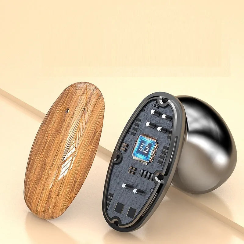 M35 wood grain true wireless Bluetooth earphones with charging case on display.